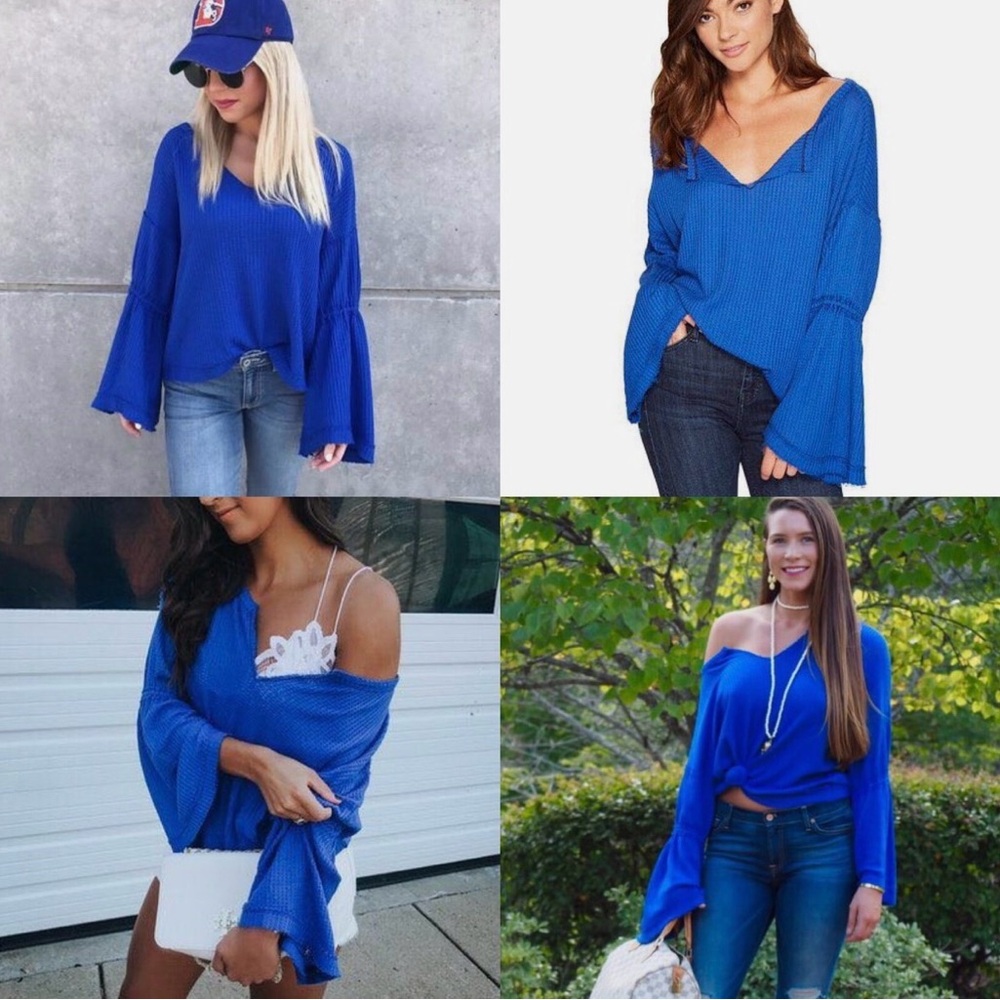 We The Free People Dahlia Thermal Top Bell Long Sleeve Sz S Raw Hem in Sapphire - Picture 3 of 6